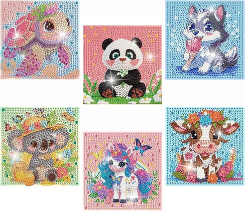 Bzconxin 6 Pieces Cartoon Animals Diamond Painting Kits for Kids Beginners,Diamond Art for Kids Ages 6-12 Girls Boys,5D Full Round Drill Big Gem Arts and Crafts for Home Wall Decor 6x6 Inch in Saudi Arabia