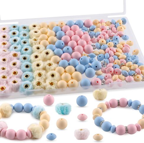 201Pcs 12mm 15mm Yellow Blue Silicone Beads for Keychain Making, Fluffy Fuzzy Pom Pom Beads Plush Fur Covered Ball Rondelle Rhinestone Spacer 10mm for Pens in Saudi Arabia