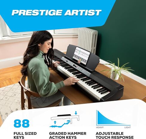 Alesis Prestige Artist - بيانو رقمي مكون من 88 مفتاحًا مع مفاتيح مرجحة بمطرقة متدرجة بالحجم الكامل، وأصوات متعددة العينات، ومكبرات صوت، وFX و256 بوليفوني in Kuwait
