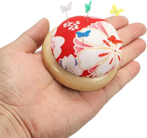 HARFINGTON Pin Cushion Wooden Base Japanese Style Round Pincushion Needle Holder for Sewing Quilting Needlework DIY Crafts, Red Floral Style in Saudi Arabia