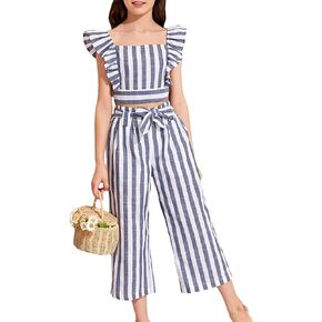 Floerns Girls 2 Piece Outfit Boho Striped Ruffle Sleeve Crop Top and Bow Front Pants Set