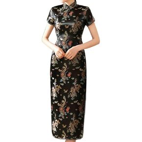 Women Dress Cheongsam Chinese Qipao Short Sleeve Maxi Slim Fit Evening Club Mandarin Collar Floral Side Slit Bodycon