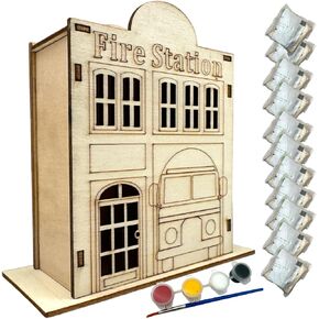 Oojami Wooden Fire Station Crafting Kit: 12 DIY Unfinished Fire Station Decoration Party Favors Supplies Ideal for Kids and Adults of All Ages with Paints and Brush (DIY)