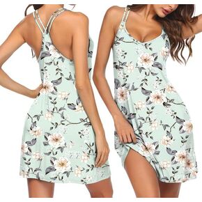 Ekouaer Womens, Soft Nightie Sleeveless Sleepwear, Spaghetti Strap Nightgown Nightshirt for Ladies, A Green White Flower, Small