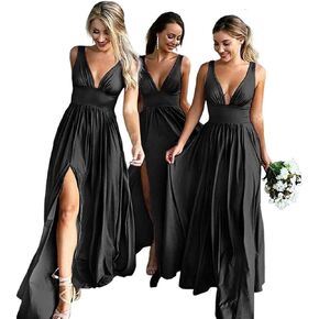 SESSRYMNIR Women's Deep V-Neck Sleeveless Side Slit Floor Length Evening Dress Bridesmaid Dresses