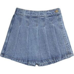 Verdusa Girl's Pleated Button Front Denim Shorts Elastic Waist Jean Skort