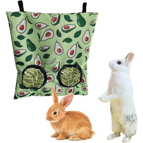 1 Pack Guinea Pig Hay Feeder, Rabbit Hay Feeder Bag Hanging Guinea Pig Chinchilla Hay Feeder Food Dispensers Bag Feeder Bag with 2 Holes for Small Animals - Avocado