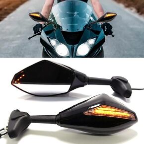 DREAMIZER Motorcycle Universal Bright Black Rearview Mirror Integrated with Amber Turn Signal Light and Clear Lampshade Compatible with Honda CBR, Suzuki GSXR, Yamaha R1 R6 R6S, Kawasaki ZX series
