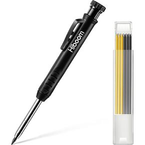 Hiboom Solid Carpenter Pencil Set for Construction with 7 Refills Built-in Sharpener, Long Nosed Deep Hole Mechanical Pencil Marker for Carpenter Scriber Woodworking Architect, Design Patent (Black)