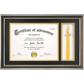 Yaetm Black 11x17 Diploma Frame with Tassel Holder for 8.5x11 Certificate Document, Tempered Glass Cover, Black Mat Over Gold Acid-Free Mat, Graduation Picture Frame (Black/Gold)