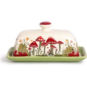 Fungi Fun Mushroom Butter Dish With Lid For Countertop Ceramic Butterdish, Red Mushroom Butter Container, Butter Tray Large Butter Dish Covered