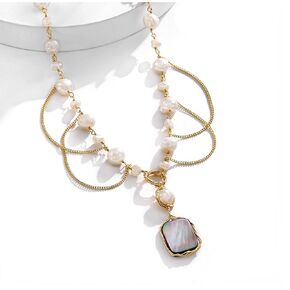 Handmade natural Baroque freshwater pearl ring long necklace, sweater chain, 14k gold-plated thread winding design, multiple wearing methods, versatile style (Pearl Abalone)