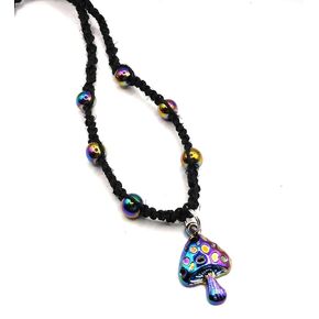 BEACH HEMP JEWELRY Purple Mushroom Necklace Hemp Choker Chrome Pendant Handmade