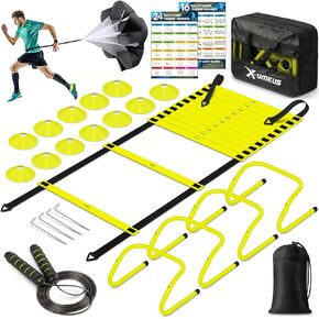 Agility Ladder Speed Training Equipment Set-20ft Agility Ladder,12 Soccer Cones,4 Adjustable Hurdles, Jump Rope, Running Parachute| Basketball Football Soccer Training Equipment for Kids Youth Adults