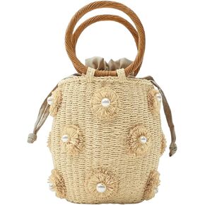 Summer Straw Bags for Women Flower Straw Bucket Tote Bag Hand Woven Rattan Purse Drawstring 2024