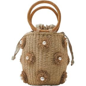Summer Straw Bags for Women Flower Straw Bucket Tote Bag Hand Woven Rattan Purse Drawstring 2024