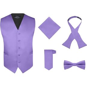 S.H. Churchill & Co. Men's Purple 5 Piece Vest Set, with a Pre-Tied and Self-Tie Bow Tie, Neck Tie & Pocket Hankie – Large
