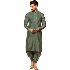 KISAH Men's Kurta Dhoti Set Cotton, Full Sleaves, Knee Length, Straight, Regular Fit, Mandarin Collar Green Ethnic wear