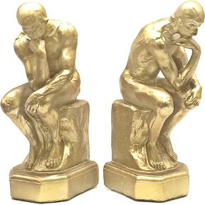 Bellaa 25594 Thinker Bookends 9 inch Big Vintage Gold Rustic Cool Unique Book Ends Heavt Duty Shelves Stoppers Holder Nonskid Rodin Auguste Statue Sculptures Figurine