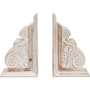 1 Pair Rustic Distressed Finish Wood Bookends, White Bookends Decorative Unique, Carved Pattern Farmhouse Book Ends for Shelves, Bookends for Heavy Books, Wooden Corbels for Home Room Decor