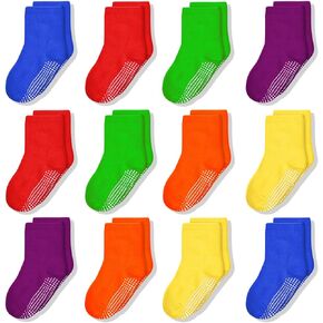 Toddlers Crew Socks for Girls Anti Skid Slip Gripper Kid Socks Mid Calf Toddler Socks with Grips for 1-10 Years Girl 12 Pairs