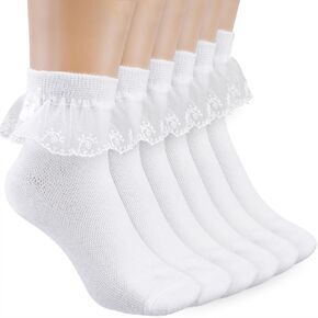 3 Pack Girls Frilly Socks White Frilly Socks with Bows White Lace Ankle Socks Thin Cotton Socks Cute School Socks Princess Style Dress Socks for Kids Girls 3-16 Years Comfortable Frilly Fashion Socks