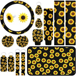 16 Pieces Sunflower Car Accessories Set Steering Wheel Cover Armrest Pad Gear Knob Cover Handbrake Cover Seat Belt Cover Cup Holder Vent Decorations and Keyring
