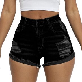 Women Ripped Denim Shorts High Rise Summer Jeans Stretchy Folded Hem Jean Shorts Cut Off Distressed Short Jeans