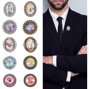 SUNNYCLUE DIY 10PCS Groom Picture Lapel Pins Wedding Boutonniere Funeral Rial Pin Brooch Photo Charms Kit Include Oval Round Pendant Trays & Clear Glass Cabochons, Antique Silver & Bronze
