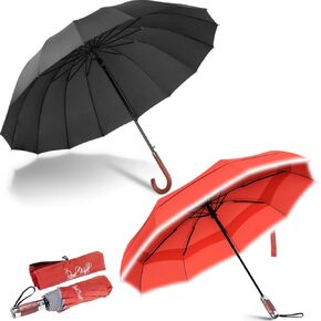 Royal Walk Large Umbrella for Rain, Windproof Folding Travel Umbrella with Vented Canopy, Genuine Wood Handle, Automatic Open Close, Reflective Strip for Safety in the Dark in Kuwait