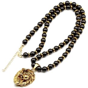 ElisaJewelryArt - Unique Men's Lion & Natural Black Onyx Gemstone Black Gift Father's Gift Warrior Necklace Balance Powerful Necklace Gold Color Gift (16, Clasp Closure)