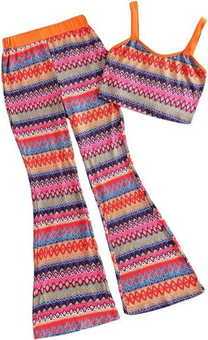 RoseSeek Girl's 2 Piece Outfits Boho Print Sleeveless Camisole Tops and Flare Pants Set Vacation Outfits in Saudi Arabia