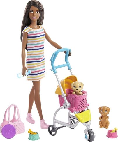 Barbie Dogwalking Doll & Accessories, Stroll & Play Pups Playset with Transforming Stroller, 2 Pets & Handbag, Brunette Doll in Saudi Arabia
