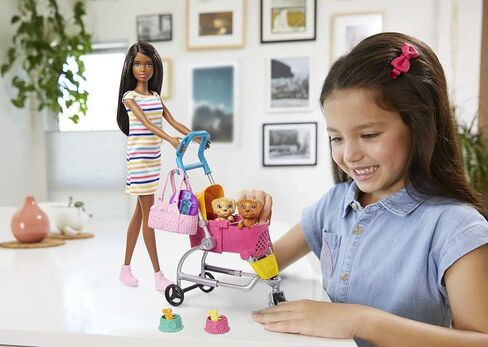 Barbie Dogwalking Doll & Accessories, Stroll & Play Pups Playset with Transforming Stroller, 2 Pets & Handbag, Brunette Doll in Saudi Arabia