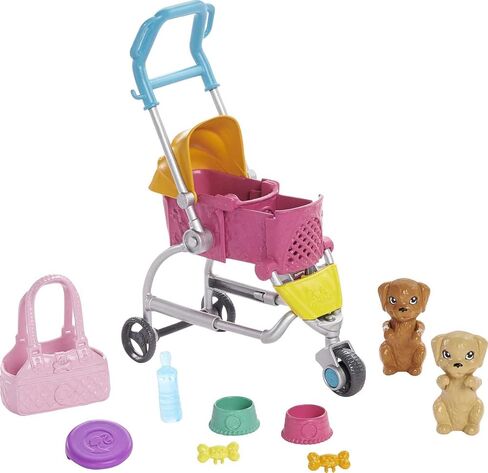 Barbie Dogwalking Doll & Accessories, Stroll & Play Pups Playset with Transforming Stroller, 2 Pets & Handbag, Brunette Doll in Saudi Arabia