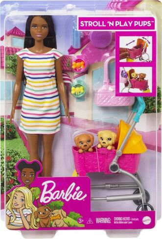 Barbie Dogwalking Doll & Accessories, Stroll & Play Pups Playset with Transforming Stroller, 2 Pets & Handbag, Brunette Doll in Saudi Arabia