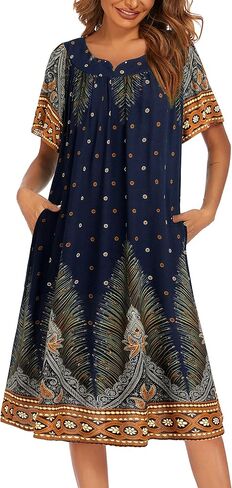 Ekouaer House Dress for Women Plus Size Mumu Dresses Summer Lounge Dresses Duster Housecoats Elderly Moo Moo Patio Dress Florar Nightgown Navy M in Saudi Arabia