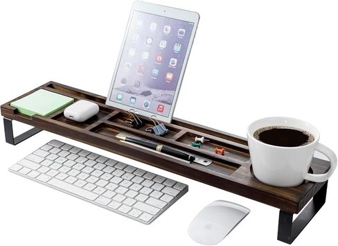 MyGift Rustic Burnt Solid Wood Desk Storage Shelf with Black Metal Legs, Office Desktop Over Keyboard Tray Supplies and Mug Holder, Includes Cable Organizer in Saudi Arabia