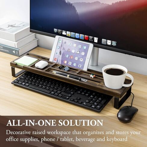MyGift Rustic Burnt Solid Wood Desk Storage Shelf with Black Metal Legs, Office Desktop Over Keyboard Tray Supplies and Mug Holder, Includes Cable Organizer in Saudi Arabia
