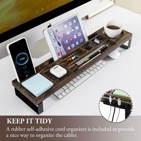 MyGift Rustic Burnt Solid Wood Desk Storage Shelf with Black Metal Legs, Office Desktop Over Keyboard Tray Supplies and Mug Holder, Includes Cable Organizer in Saudi Arabia