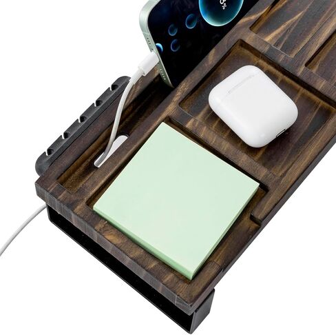 MyGift Rustic Burnt Solid Wood Desk Storage Shelf with Black Metal Legs, Office Desktop Over Keyboard Tray Supplies and Mug Holder, Includes Cable Organizer in Saudi Arabia