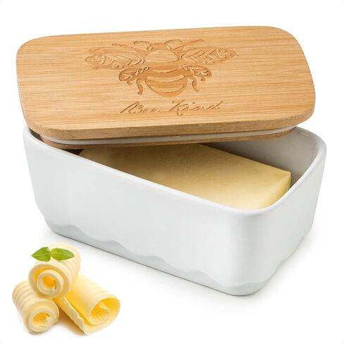 Covered Butter Dish, Airtight Butter Dish with Wooden Lid for Countertop, Ceramic Butter Holder Container for East West Coast Butter Storage, HoneyBee Decor, Brown in Saudi Arabia