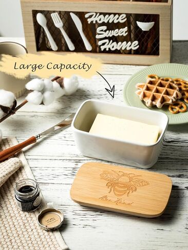 Covered Butter Dish, Airtight Butter Dish with Wooden Lid for Countertop, Ceramic Butter Holder Container for East West Coast Butter Storage, HoneyBee Decor, Brown in Saudi Arabia