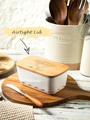 Covered Butter Dish, Airtight Butter Dish with Wooden Lid for Countertop, Ceramic Butter Holder Container for East West Coast Butter Storage, HoneyBee Decor, Brown in Saudi Arabia