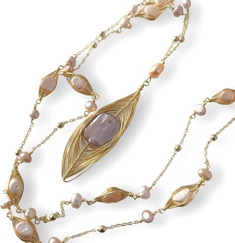 Handmade natural Baroque freshwater pearl ring long necklace, sweater chain, 14k gold-plated thread winding design, multiple wearing methods, versatile style (Pearl Abalone) in Saudi Arabia