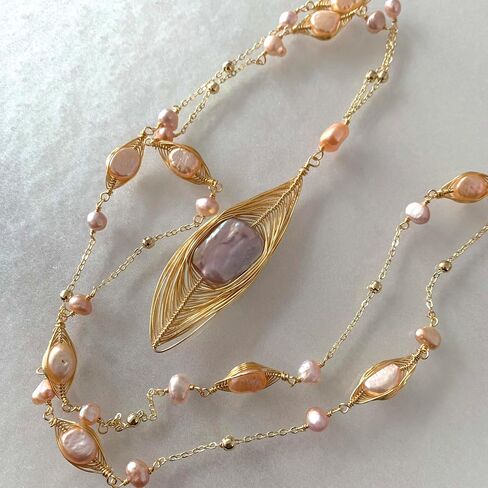 Handmade natural Baroque freshwater pearl ring long necklace, sweater chain, 14k gold-plated thread winding design, multiple wearing methods, versatile style (Pearl Abalone) in Saudi Arabia