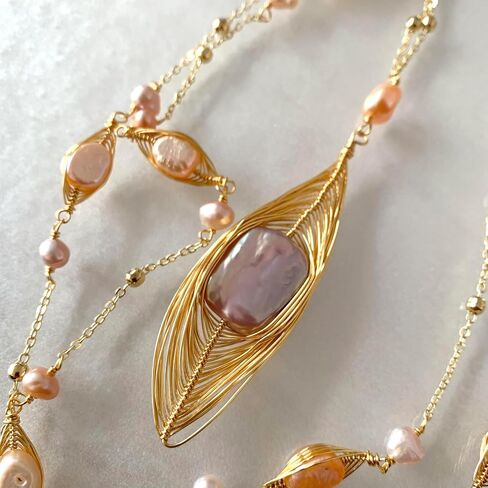 Handmade natural Baroque freshwater pearl ring long necklace, sweater chain, 14k gold-plated thread winding design, multiple wearing methods, versatile style (Pearl Abalone) in Saudi Arabia