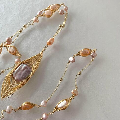 Handmade natural Baroque freshwater pearl ring long necklace, sweater chain, 14k gold-plated thread winding design, multiple wearing methods, versatile style (Pearl Abalone) in Saudi Arabia