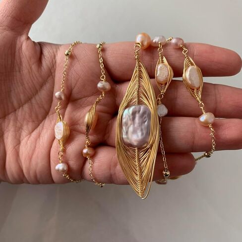 Handmade natural Baroque freshwater pearl ring long necklace, sweater chain, 14k gold-plated thread winding design, multiple wearing methods, versatile style (Pearl Abalone) in Saudi Arabia