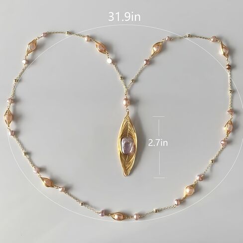 Handmade natural Baroque freshwater pearl ring long necklace, sweater chain, 14k gold-plated thread winding design, multiple wearing methods, versatile style (Pearl Abalone) in Saudi Arabia